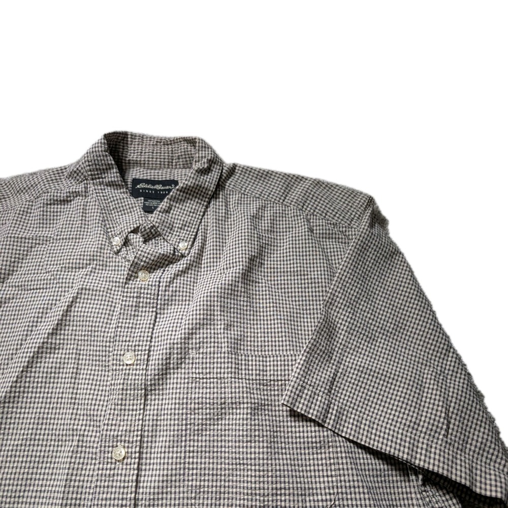 Eddie Bauer Antique‎ Oxford L Button Front Short Sleeve Shirt Beige Flannel